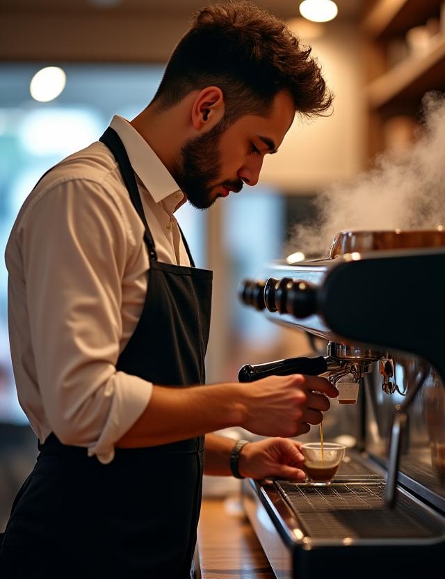 A skilled barista preparing coffee with focus and precision.
