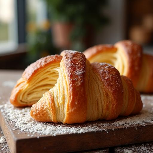 A golden, flaky croissant on a wooden board.