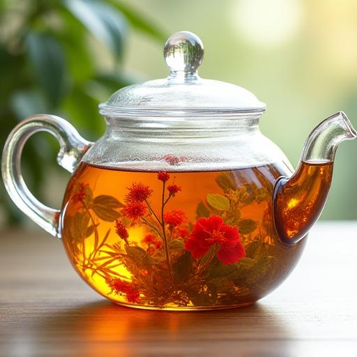 A glass teapot with blooming floral tea inside.